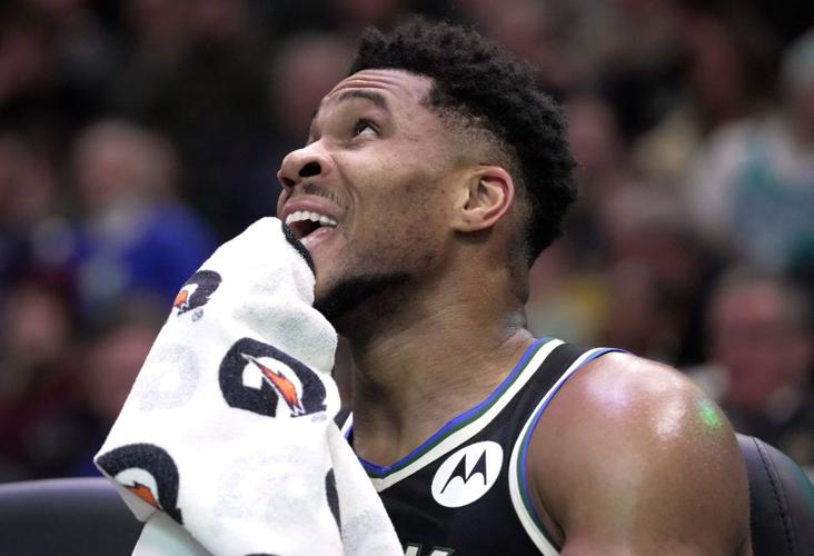 Milwaukee Bucks forward Giannis Antetokounmpo (34) is shown during the first half of their game against the Charlotte Hornets Friday, January 2, 2026 at Fiserv Forum in Milwaukee, Wisconsin.