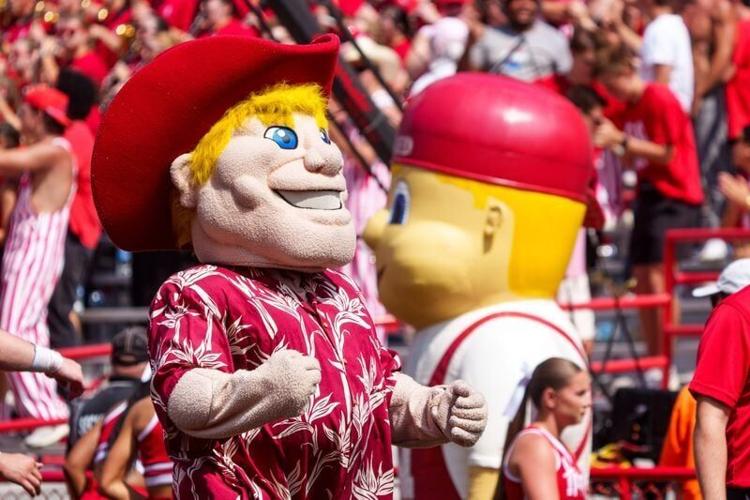 Sep 5, 2026; Lincoln, Nebraska, USA;  Herbie Husker celebrates after a touchdown against the Ohio Bobcats during the fourth quarter at Memorial Stadium.  Mandatory Credit: Dylan Widger-Imagn Images