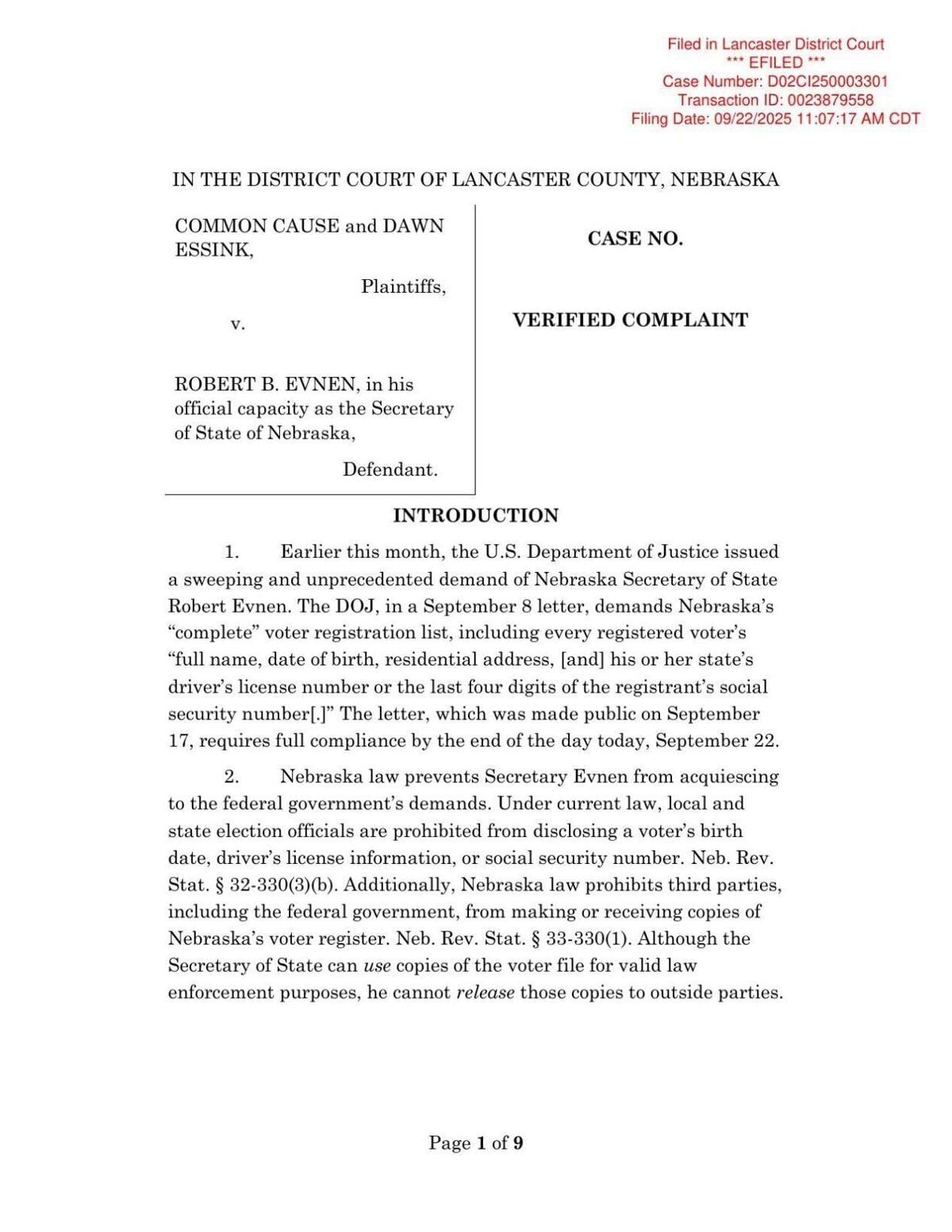 Common Cause and Dawn Essink v. Robert Evnen