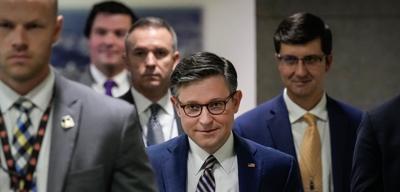 U.S. Speaker of the House Mike Johnson (R-LA) arrives for a House Republican Conference meeting at the U.S. Capitol Tuesday. (Photo by Drew Angerer/Getty Images)