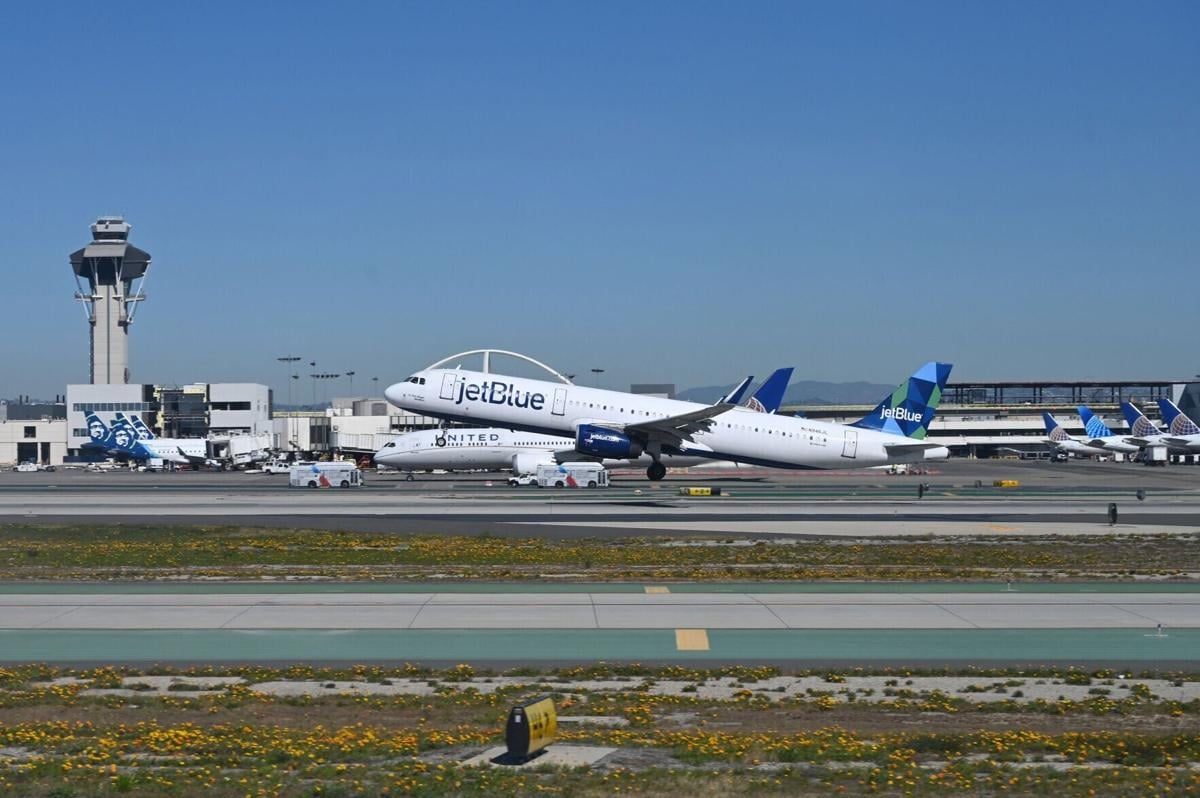 A JetBlue Airways Airbus A321 takes off from Los Angeles International Airport, in Los Angeles, on Feb. 19, 2022.