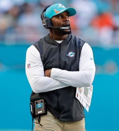Then- Miami Dolphins head coach Brian Flores looks from the sidelines during the fourth quarter against the Houston Texans at Hard Rock Stadium on Nov. 7, 2021, in Miami Gardens, Florida.