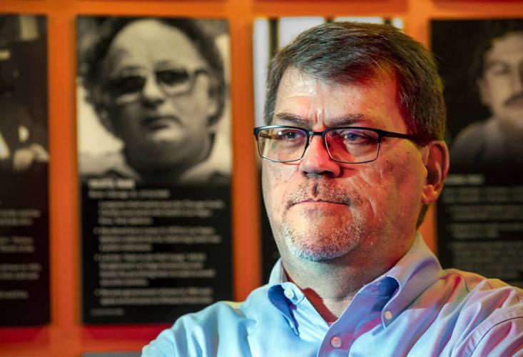 Geoff Schumacher has many memories of mobster Frank Cullotta while reminded by images of him at the Mob Museum on Monday, Feb. 1, 2021, in Las Vegas.