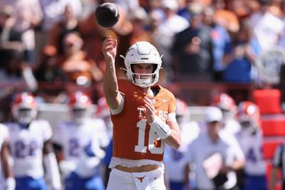 Texas quarterback Arch Manning throws a pass in the second half against Florida at Darrell K Royal-Texas Memorial Stadium on Oct. 17, 2026, in Austin, Texas.