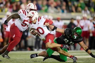 Oct 17, 2026; Eugene, Oregon, USA; Oregon Ducks linebacker Teitum Tuioti (44) chases after Nebraska Cornhuskers quarterback Anthony Colandrea (10) during the first half at Autzen Stadium. Mandatory Credit: Troy Wayrynen-Imagn Images