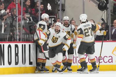 Vegas Golden Knights center Tomas Hertl (48) celebrates scoring during the third period against the Carolina Hurricanes.
