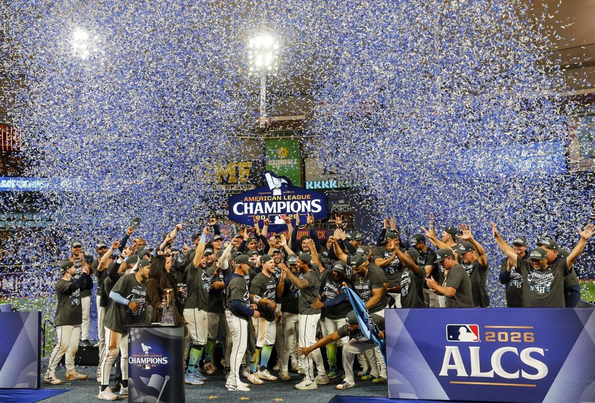 The Tampa Bay Rays celebrate winning the American League pennant after defeating the Cleveland Guardians in Game 6 at Tropicana Field on Oct. 19, 2026, in St. Petersburg, Florida.