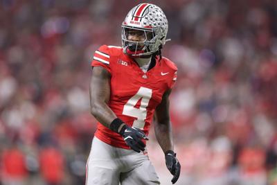 Jeremiah Smith of the Ohio State Buckeyes in action against the Indiana Hoosiers in the 2025 Big Ten Football Championship at Lucas Oil Stadium on Dec. 6, 2025, in Indianapolis.