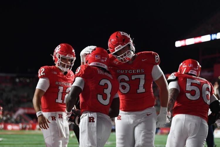 Rutgers football running back Antwan Raymond celebrates a touchdown during the Scarlet Knights' win over Howard on Sept. 25, 2026 at SHI Stadium in Piscataway, N.J.