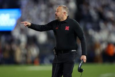 Nov 22, 2025; University Park, Pennsylvania, USA; Nebraska Cornhuskers head coach Matt Rhule reacts from the sideline during the first quarter against the Penn State Nittany Lions at Beaver Stadium. Mandatory Credit: Matthew O'Haren-Imagn Images