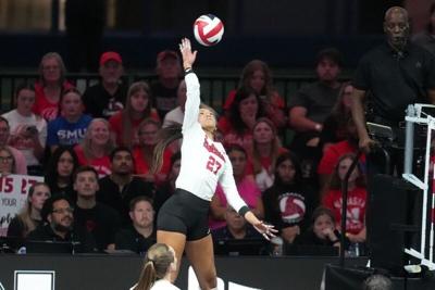 Aug 27, 2026; Arlington, TX, USA;  Nebraska Cornhuskers outside hitter Harper Murray (27) attacks the ball against the SMU Mustangs during their volleyball match at AT&T Stadium.  Mandatory Credit: Chris Jones-Imagn Images