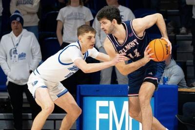 Drake's Eli Shetlar defends Belmont's Sam Orme during a game at Knapp Center on Saturday, Jan. 10, 2026 in Des Moines.
