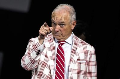 Texas Tech head coach Joey McGuire points at one of his players during Big 12 media days on Tuesday, July 7, 2026, at The Star in Frisco, Texas.