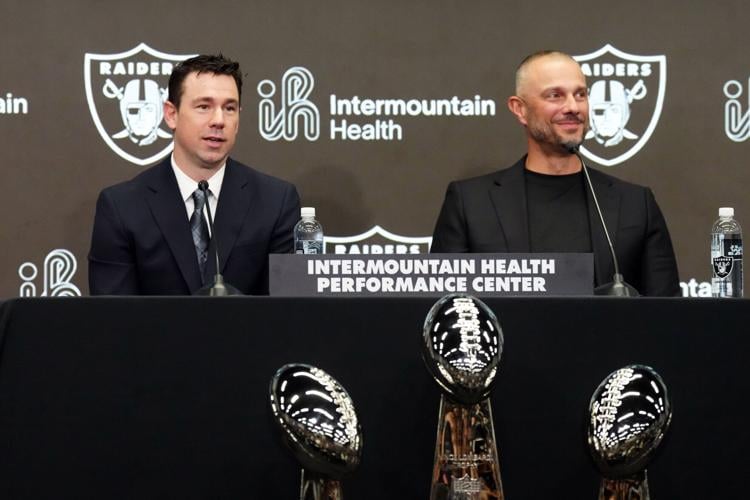 Feb 10, 2026; Henderson, NV, USA; Las Vegas Raiders coach Klint Kubiak (left) and general manager John Spytek at introductory press conference at Intermountain Health Performance Center. Mandatory Credit: Kirby Lee-Imagn Images