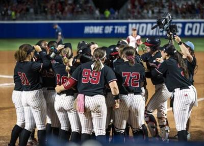 May 28, 2026; Oklahoma City, OK, USA; Nebraska Cornhuskers players celebrate after infielder Ava Kuszak (7) hit a two run home run in the tenth inning to end the game against the Arkansas Razorbacks during the NCAA Women’s College World Series at Devon ...