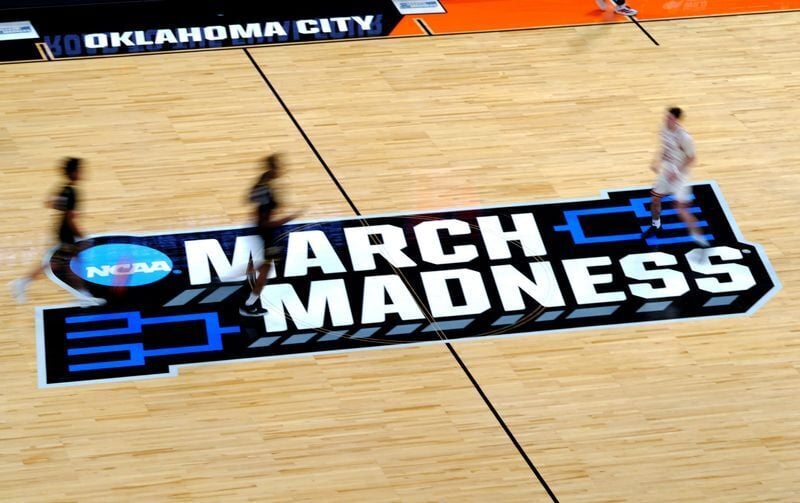 The March Madness logo is pictured during a second-round game in the NCAA men's basketball tournament between Nebraska Cornhuskers and Vanderbilt Commodores at Paycom Center in Oklahoma City, Saturday March 21, 2026.