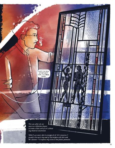 A page from the graphic novel“ A Total Work of Art: The Story of Edgar Miller” by Hannah Dykstra and Jeff Kruse, published in June 2026 by the Chicago- based Edgar Miller Legacy.