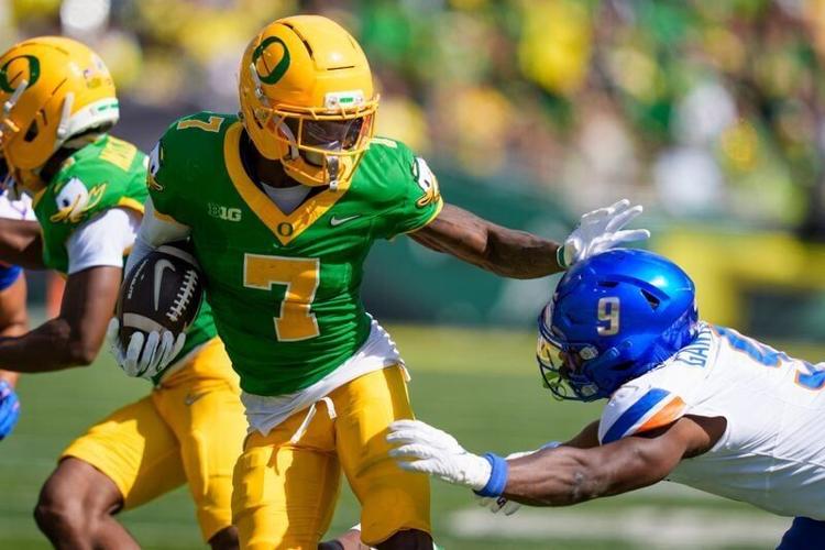 Oregon wide receiver Evan Stewart carries as the Oregon Ducks host the Boise State Broncos on Sept. 5, 2026, at Autzen Stadium in Eugene, Oregon.