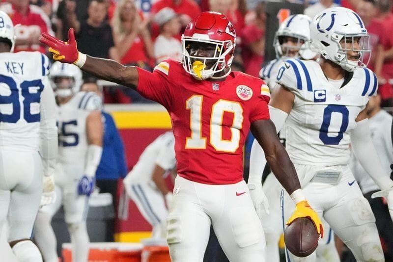 Sep 20, 2026; Kansas City, Missouri, USA;  Kansas City Chiefs running back Emmett Johnson (10)  reacts after a play against the Indianapolis Colts during the third quarter at GEHA Field at Arrowhead Stadium.  Mandatory Credit: Denny Medley-Imagn Images