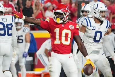 Sep 20, 2026; Kansas City, Missouri, USA;  Kansas City Chiefs running back Emmett Johnson (10)  reacts after a play against the Indianapolis Colts during the third quarter at GEHA Field at Arrowhead Stadium.  Mandatory Credit: Denny Medley-Imagn Images