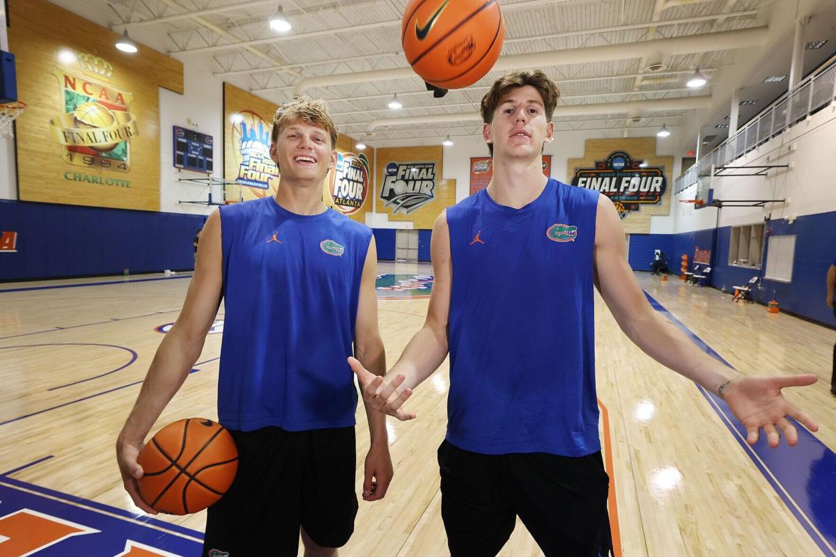 University of Florida basketball stars Thomas Haugh, left, and Alex Condon have fun after practice on the UF campus in Gainesville, on Wednesday, June 24, 2026.