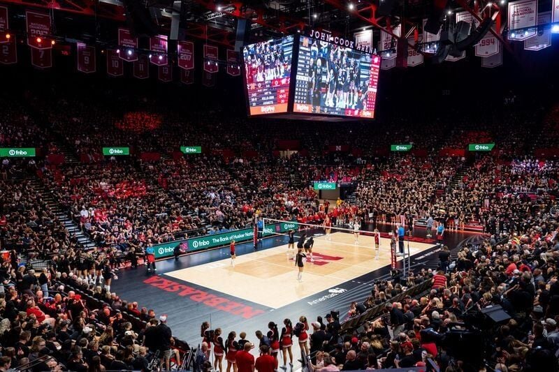 Oct 10, 2026; Lincoln, Nebraska, USA;  The crowd participates in a black out night as the Nebraska Cornhuskers and Wisconsin Badgers ready to play set three at Bob Devaney Sport Center.  Mandatory Credit: Dylan Widger-Imagn Images