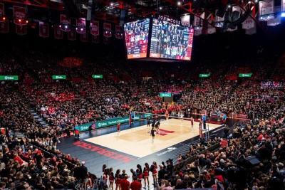 Oct 10, 2026; Lincoln, Nebraska, USA;  The crowd participates in a black out night as the Nebraska Cornhuskers and Wisconsin Badgers ready to play set three at Bob Devaney Sport Center.  Mandatory Credit: Dylan Widger-Imagn Images