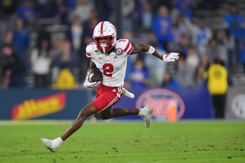 Nov 8, 2025; Pasadena, California, USA; Nebraska Cornhuskers wide receiver Jacory Barney Jr. (2) runs the ball against the UCLA Bruins during the second half at the Rose Bowl. Mandatory Credit: Gary A. Vasquez-Imagn Images