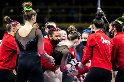 Nebraska's Emma Spence gets embraced by teammates after competing on the uneven bars during a NCAA Big Ten Conference women's gymnastics meet against Iowa, Saturday, Jan. 29, 2022, at Carver-Hawkeye Arena in Iowa City, Iowa.

220129 Neb Iowa Wgym 009 Jpg