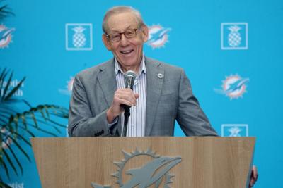 Miami Dolphins owner Steve Ross talks with the media during a news conference to introduce new general manager Jon-Eric Sullivan and new head coach Jeff Hafley at the Baptist Health Training Complex in Miami Gardens, Florida, on Jan. 22, 2026.