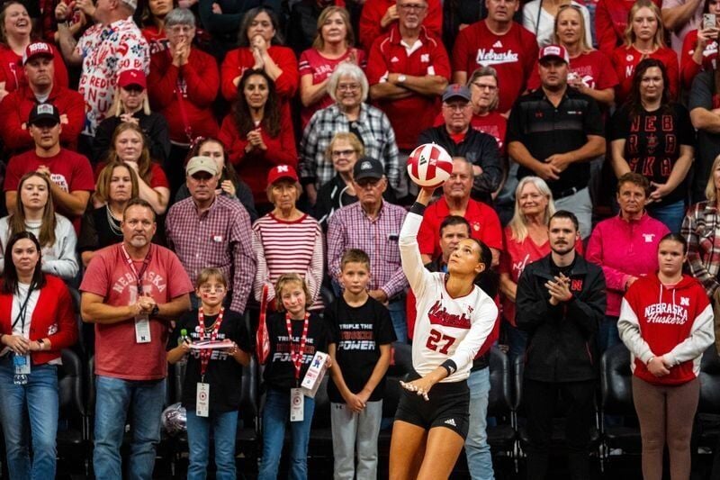 Oct 25, 2024; Lincoln, NE, USA; Nebraska Cornhuskers outside hitter Harper Murray (27) serves against the Illinois Fighting Illini during the third set at Bob Devaney Sports Center. Mandatory Credit: Dylan Widger-Imagn Images