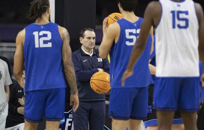 Duke coach Mike Krzyzewski watches his team during a public practice before the Final Four of the NCAA Tournament on Friday, April 1, 2022 at the Superdome in New Orleans.