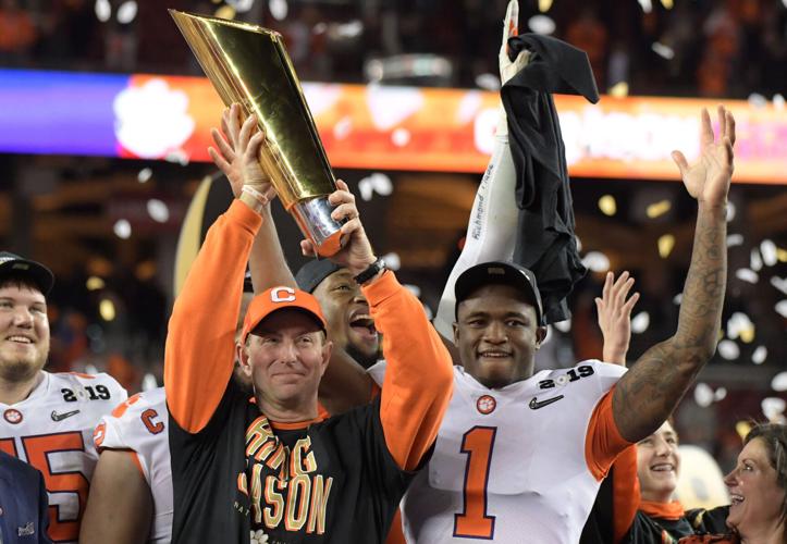 Clemson football coach Dabo Swinney celebrates with his team after defeating Alabama 44-16 in the College Football Playoff national championship game on Jan. 7, 2019.