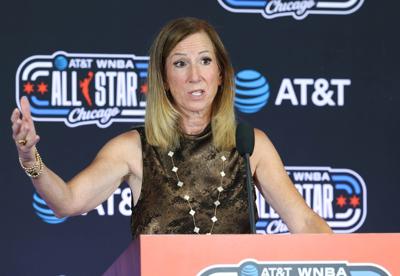 Commissioner Cathy Engelbert addresses reporters before the WNBA All-Star Game on Saturday, July 25, 2026, at the United Center in Chicago.