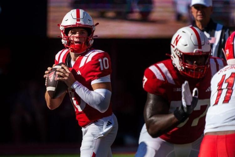 Oct 3, 2026; Lincoln, Nebraska, USA;  Nebraska Cornhuskers quarterback Anthony Colandrea (10) passes against the Maryland Terrapins during the second quarter at Memorial Stadium.  Mandatory Credit: Dylan Widger-Imagn Images