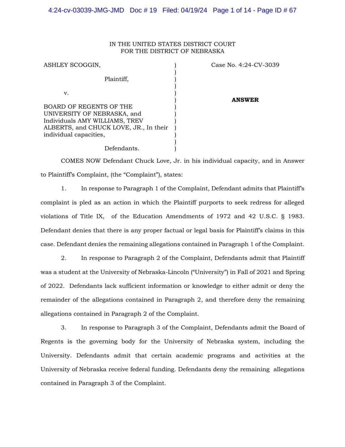 Chuck Love response to Ashley Scoggin lawsuit