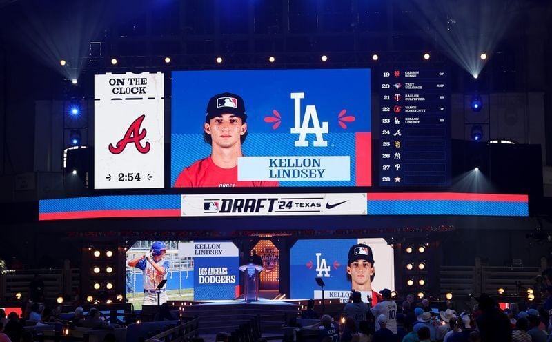 Jul 14, 2024; Ft. Worth, TX, USA; Kellon Lindsey is drafted by the Los Angeles Dodgers with the 23rd pick during the first round of the MLB Draft at Cowtown Coliseum. Mandatory Credit: Kevin Jairaj-USA TODAY Sports