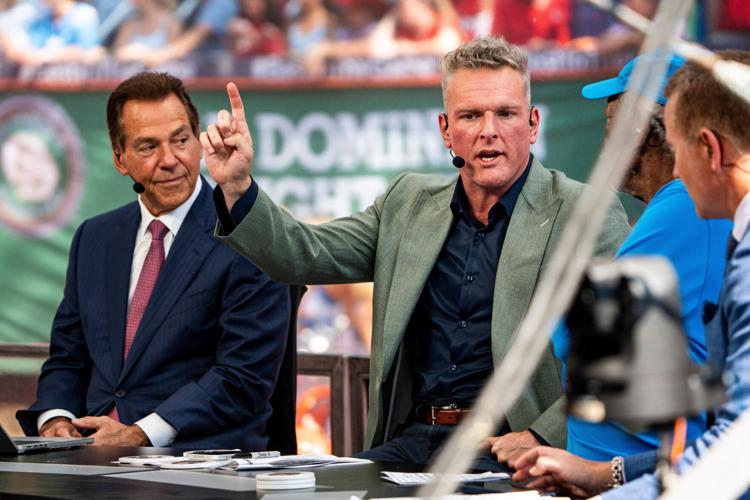 Pat McAfee speaks while delivering picks during ESPN’s College GameDay at The Grove in Oxford, Miss., on Saturday, Sept. 19, 2026. The GameDay visit for the Ole Miss-LSU game marks the return of head coach Lane Kiffin since leaving Ole Miss.