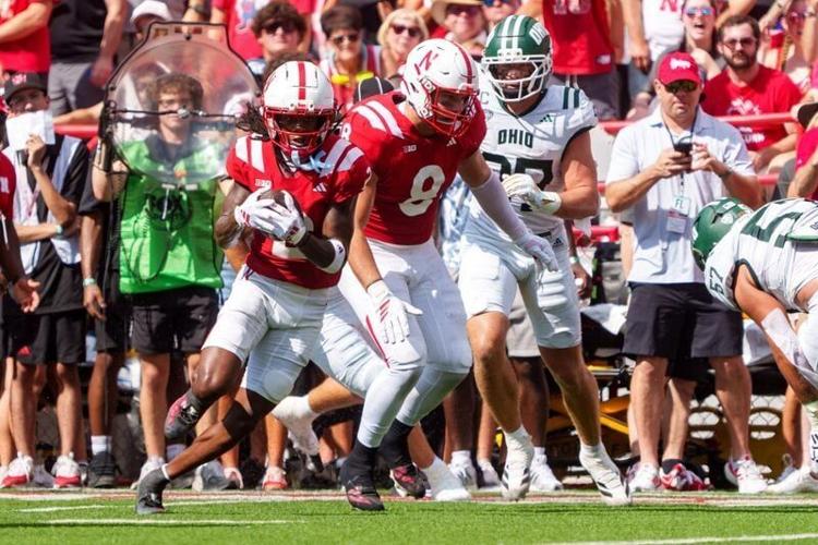 Sep 5, 2026; Lincoln, Nebraska, USA;  Nebraska Cornhuskers wide receiver Jacory Barney Jr. (2) runs after the catch against the Ohio Bobcats during the first quarter at Memorial Stadium.  Mandatory Credit: Dylan Widger-Imagn Images
