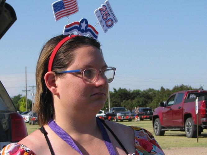 America 250 -- Marissa Webster wore a light-hearted red white and blue head piece to Kearney's 250th anniversary celebration..JPG
