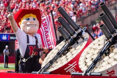 Sep 13, 2025; Lincoln, Nebraska, USA; Herbie Husker rides on a float after the first quarter between the Nebraska Cornhuskers and the Houston Christian Huskies at Memorial Stadium. Mandatory Credit: Dylan Widger-Imagn Images