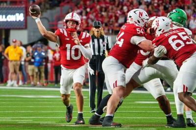 Sep 19, 2026; Lincoln, Nebraska, USA;  Nebraska Cornhuskers quarterback Anthony Colandrea (10) passes against the North Dakota Fighting Hawks during the second quarter at Memorial Stadium.  Mandatory Credit: Dylan Widger-Imagn Images