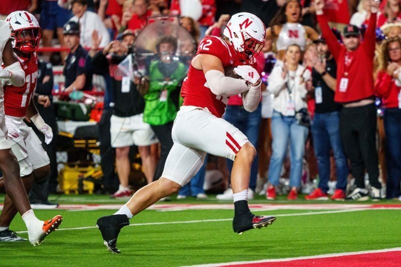 Sep 12, 2026; Lincoln, Nebraska, USA;  Nebraska Cornhuskers linebacker Derek Wacker (42) scores a touchdown against the Bowling Green Falcons during the fourth quarter at Memorial Stadium.  Mandatory Credit: Dylan Widger-Imagn Images