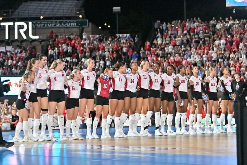 Sep 6, 2026; Chicago, IL, USA;  The Nebraska Cornhuskers stand prior to the first set against the Missouri Tigers at Wrigley Field.  Mandatory Credit: Patrick Gorski-Imagn Images