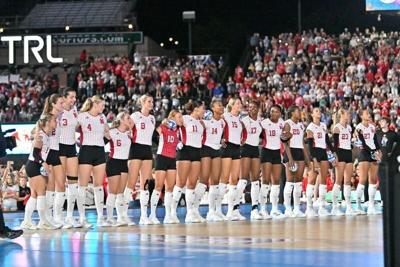 Sep 6, 2026; Chicago, IL, USA;  The Nebraska Cornhuskers stand prior to the first set against the Missouri Tigers at Wrigley Field.  Mandatory Credit: Patrick Gorski-Imagn Images