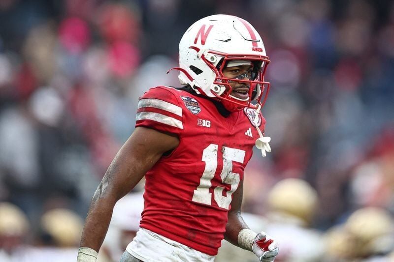 Dec 28, 2024; Bronx, NY, USA; Nebraska Cornhuskers defensive back Ceyair Wright (15) celebrates a defensive stop during the second half against the Boston College Eagles at Yankee Stadium. Mandatory Credit: Vincent Carchietta-Imagn Images