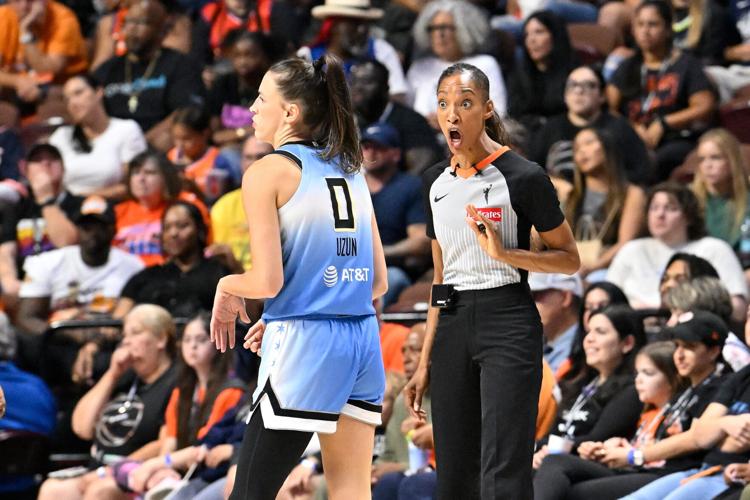 WNBA referee Angelica Suffren reacts to Chicago Sky guard Sevgi Uzun (0) during the second half against the Connecticut Sun at Mohegan Sun Arena on Aug. 13, 2025, in Uncasville, Conn.