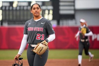 Ohio State Buckeyes pitcher Lorin Boutte (23) walks off the mound after striking out a batter during the game against the Oakland Golden Grizzlies at Buckeye Field on Friday, March 7, 2025 in Columbus, Ohio.