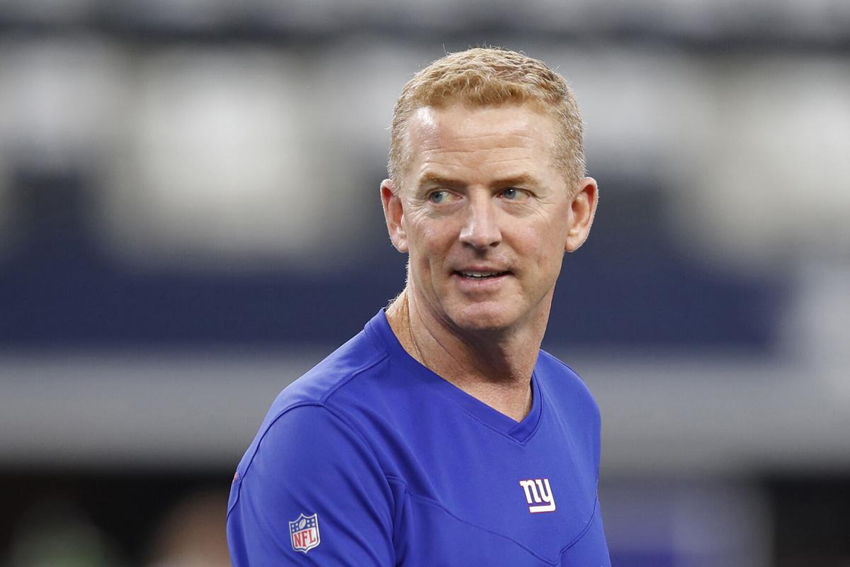 Offensive Coordinator Jason Garrett of the New York Giants on the field before the game against the Dallas Cowboys at AT&T Stadium on Sunday, Oct. 10, 2021 in Arlington, Texas.