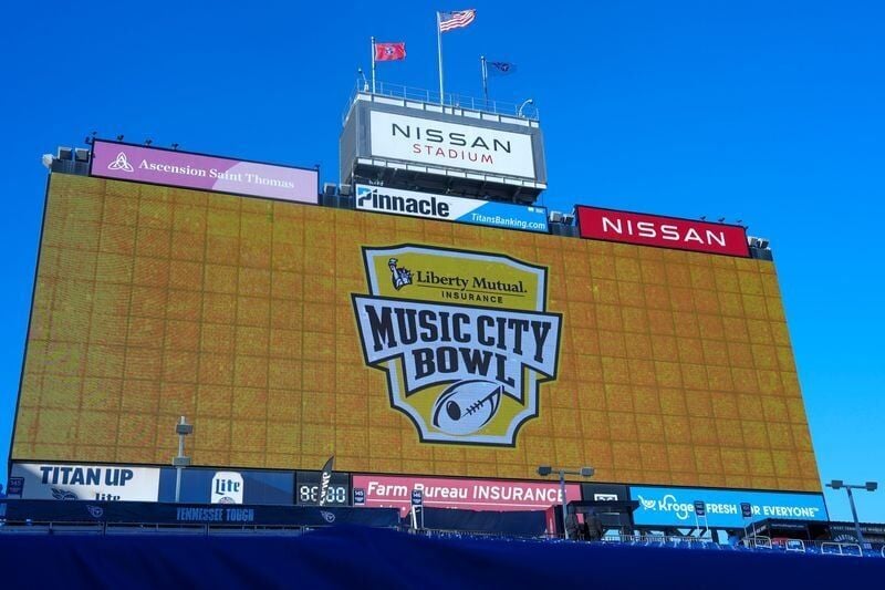 The logo for the 2025 Music City Bowl at Nissan Stadium in Nashville, Tenn., on Dec. 30, 2025.